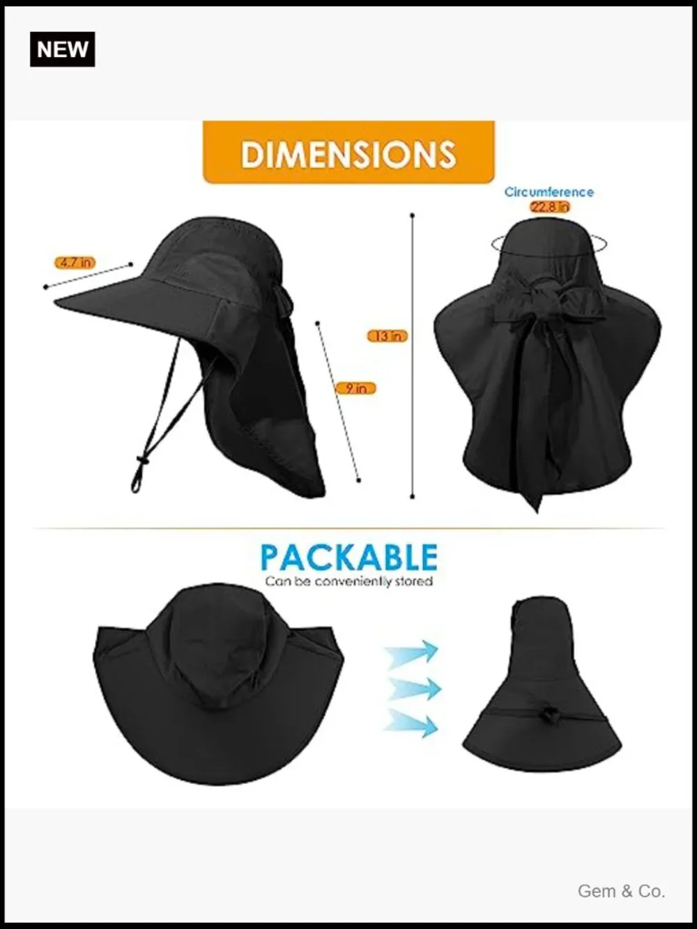 Foldable Waterproof Wide Brim Bucket Hat with Neck Flap for Fishing Hiking